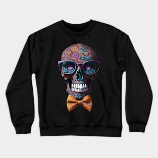 Funny Sugar Candy Skull With Bowtie and Glasses Crewneck Sweatshirt